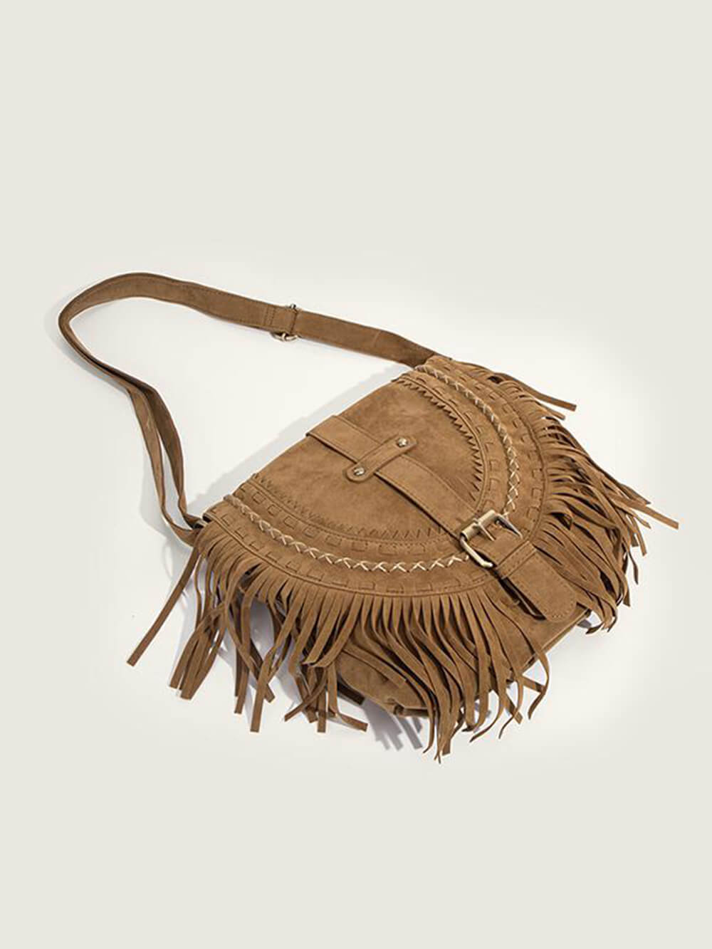 Faux Suede Fringed Buckle Decorated Bag-CALLISTARI