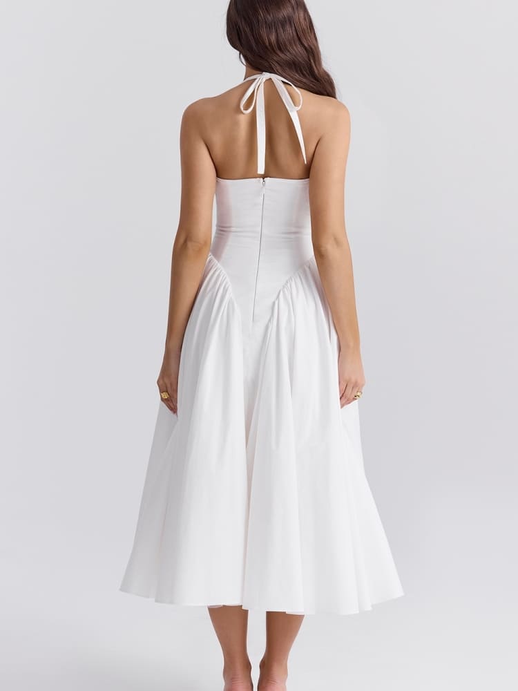 White Cotton Halter Midi Sundress-CALLISTARI