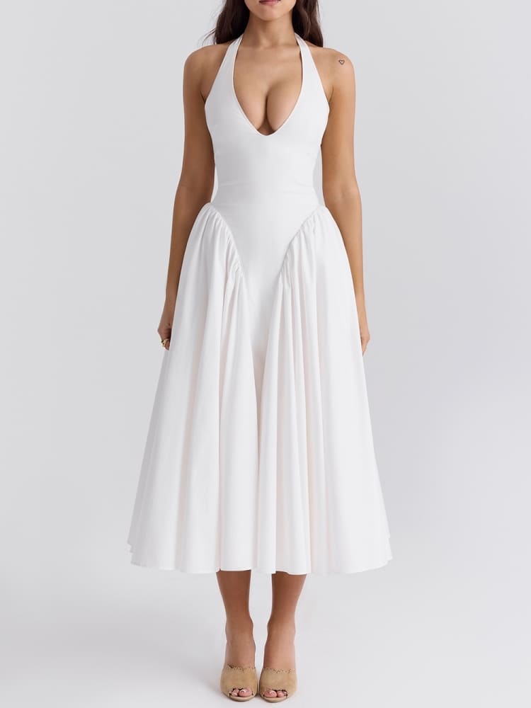 White Cotton Halter Midi Sundress-CALLISTARI