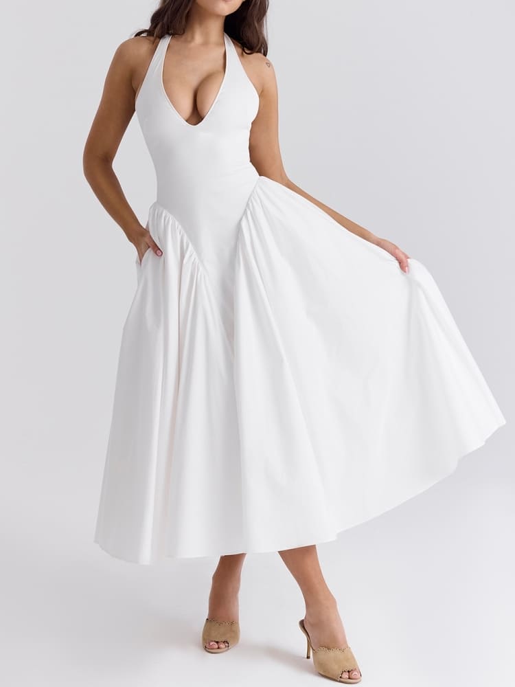 White Cotton Halter Midi Sundress-CALLISTARI