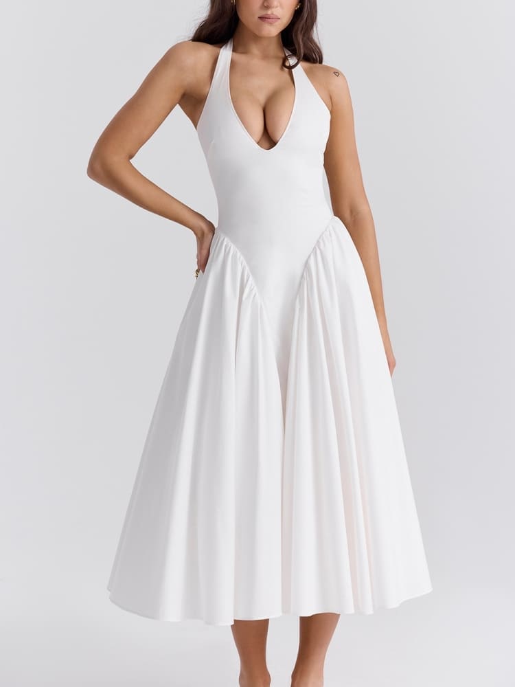 White Cotton Halter Midi Sundress-CALLISTARI