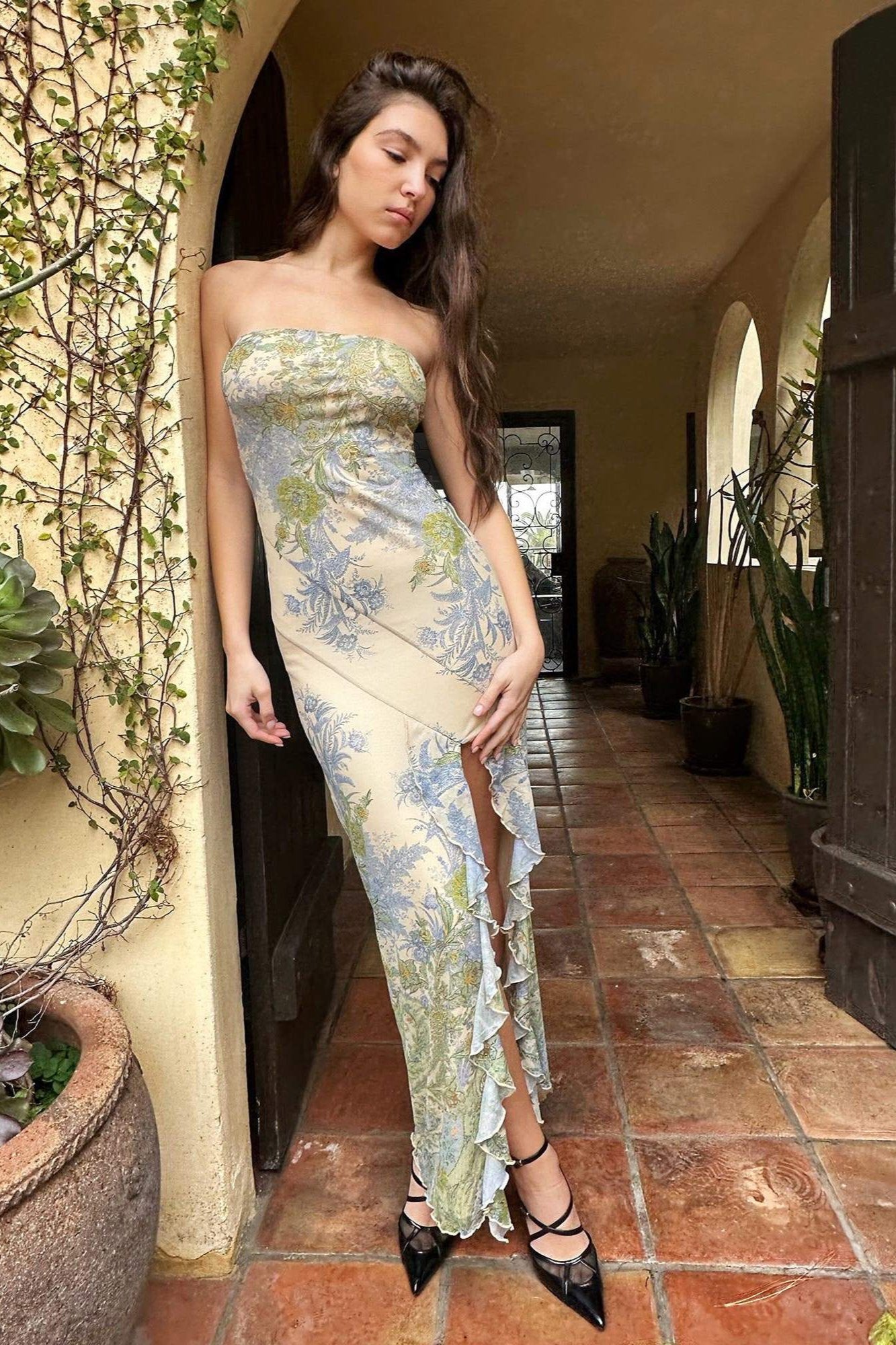 Melinda Printed Strapless Slit Midi Dress-CALLISTARI