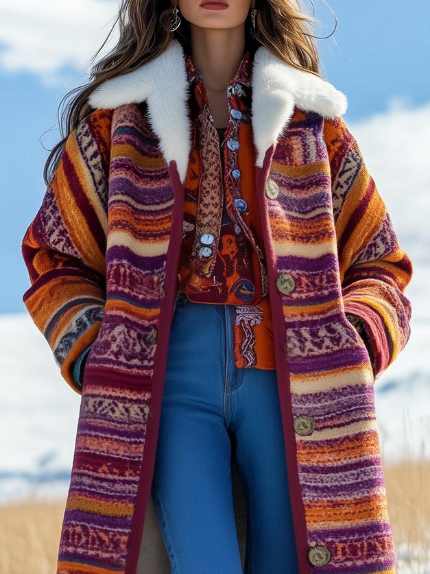 Ethnic Pattern Printed Woolen Thickened Sherp Lined Coat-Trafni