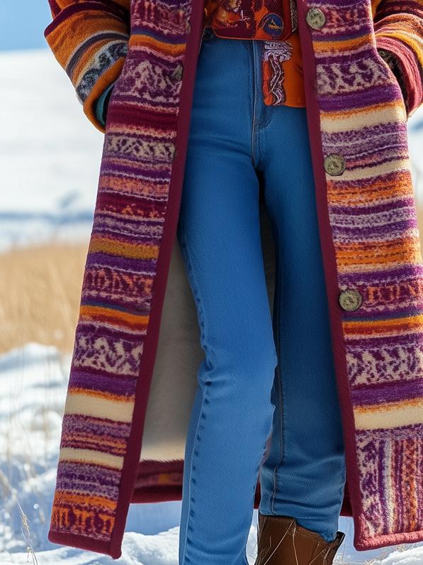 Ethnic Pattern Printed Woolen Thickened Sherp Lined Coat-Trafni