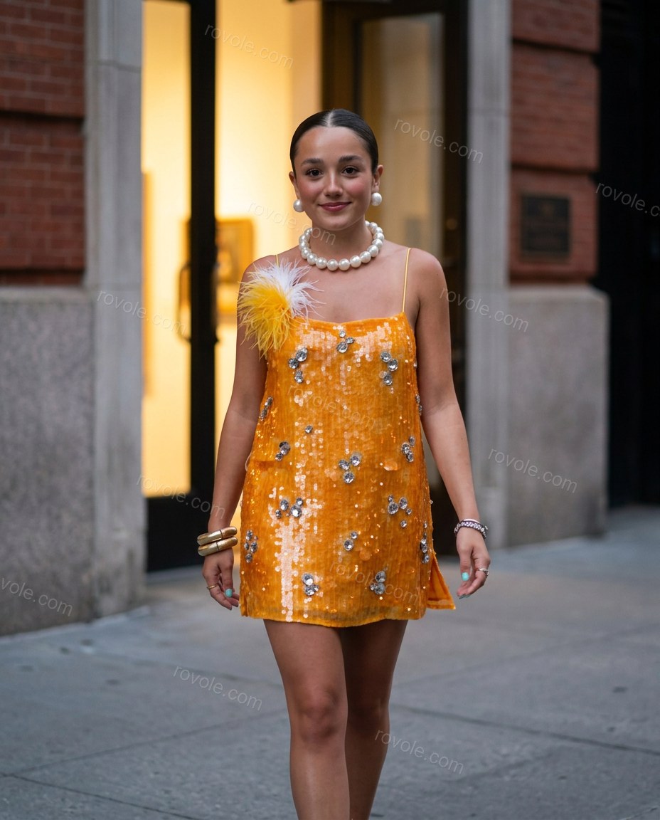 Orange Mini Feather-Trim Dress, alternate use-case lifestyle view, by rovole.com