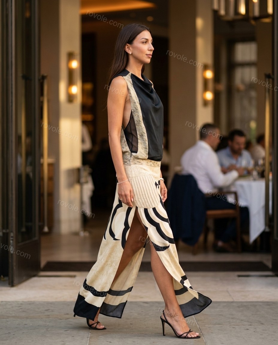 Black Abstract Maxi Cowl-Neck Dress, walking lifestyle view, by rovole.com