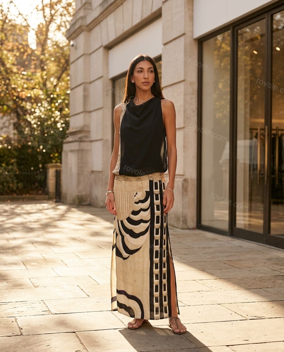 Black Abstract Maxi Cowl-Neck Dress, three-quarter brand lifestyle view, by rovole.com