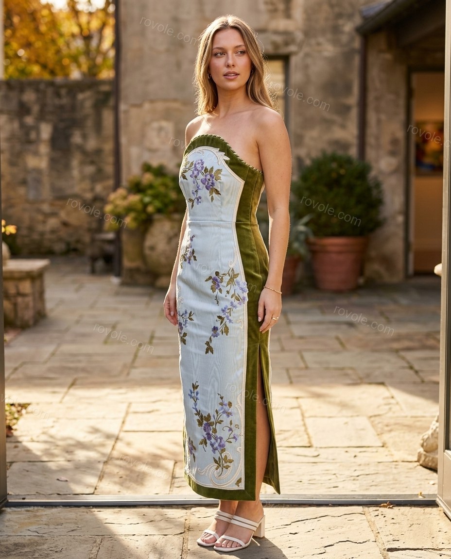 Light Blue Floral Midi Strapless Dress, alternate use-case lifestyle view, by rovole.com