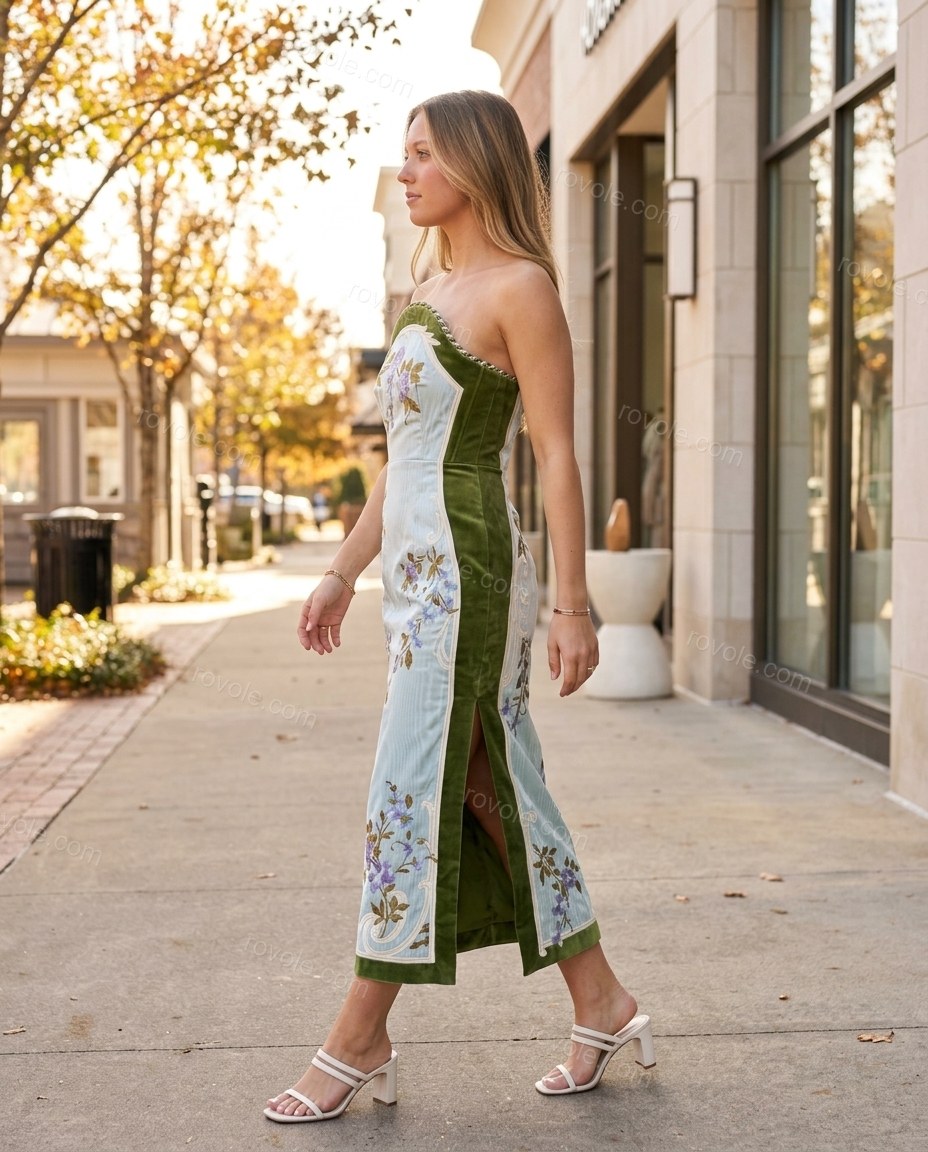 Light Blue Floral Midi Strapless Dress, walking lifestyle view, by rovole.com
