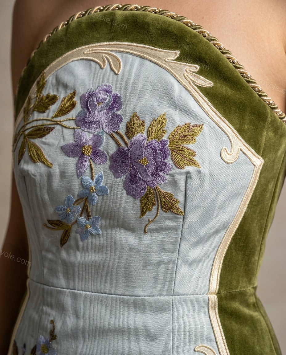Light Blue Floral Midi Strapless Dress, close-up of floral embroidery, by rovole.com