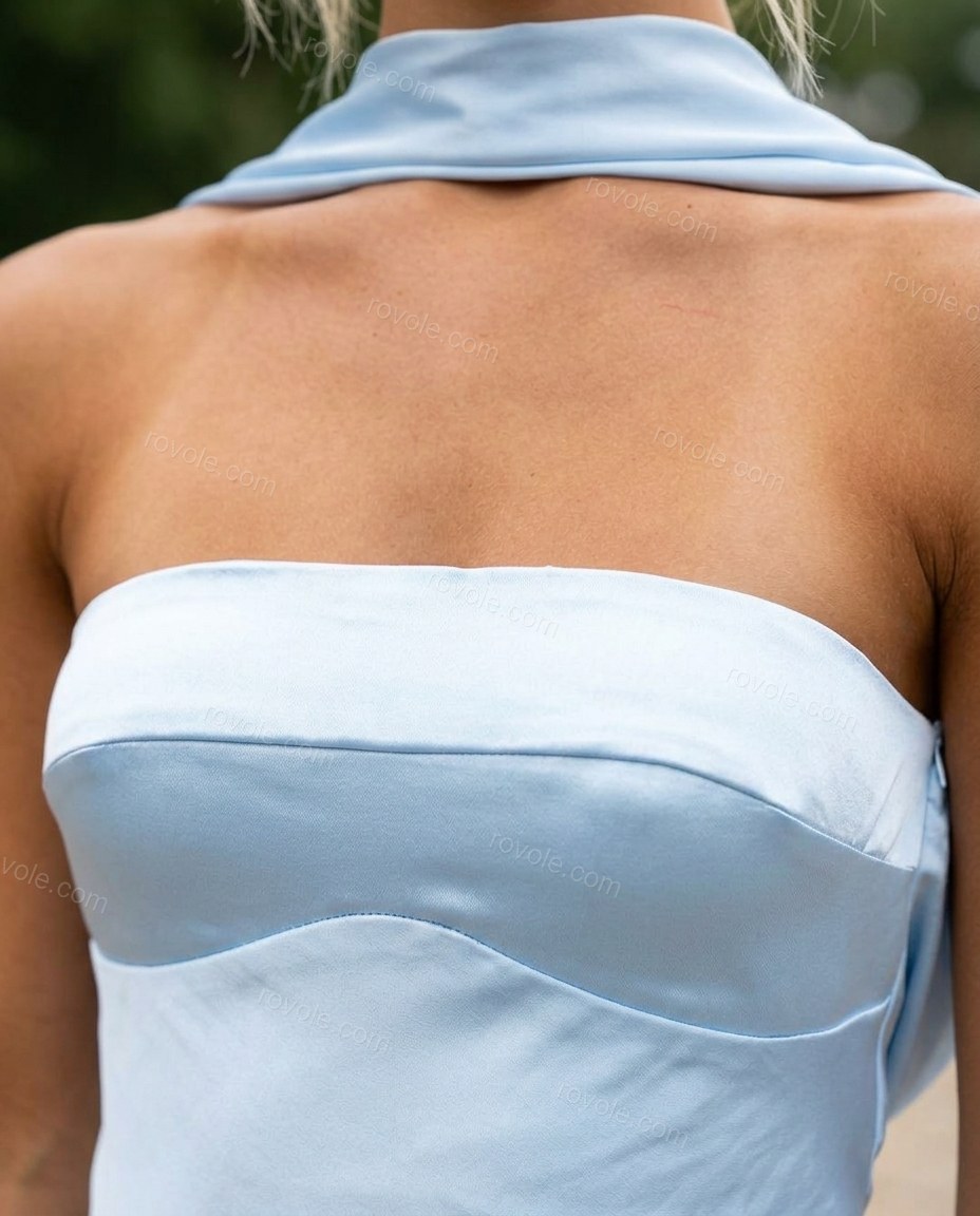 Light Blue Mini Cowl-Neck Halter Dress, close-up of cowl back, halter neck and halter neckline, by rovole.com