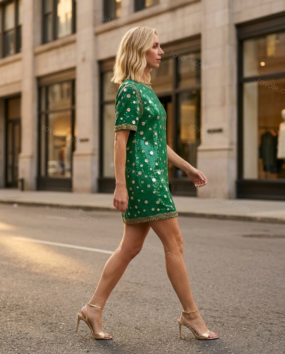 Green Polka Dot Mini Dress, three-quarter brand lifestyle view, by rovole.com