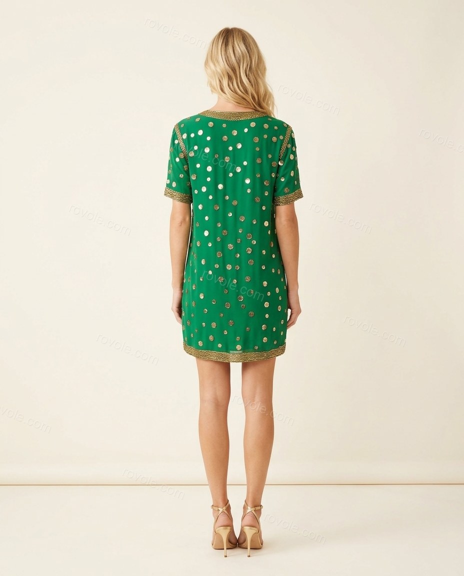 Green Polka Dot Mini Dress, back studio view, by rovole.com