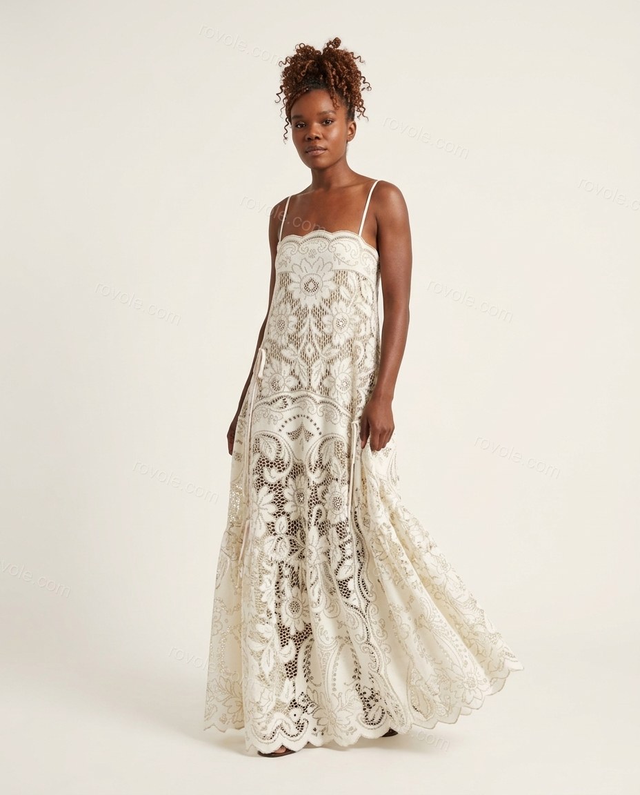 Off-white Floral Maxi Tiered Dress, front studio view, by rovole.com