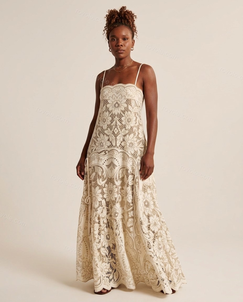 Off-white Floral Maxi Tiered Dress, full-length hero view, by rovole.com