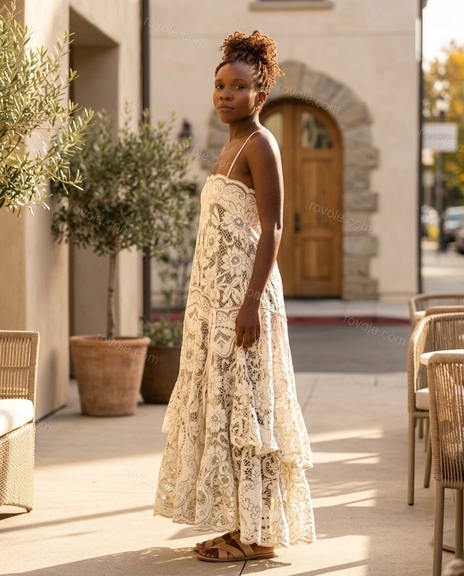 Off-white Floral Maxi Tiered Dress, three-quarter brand lifestyle view, by rovole.com