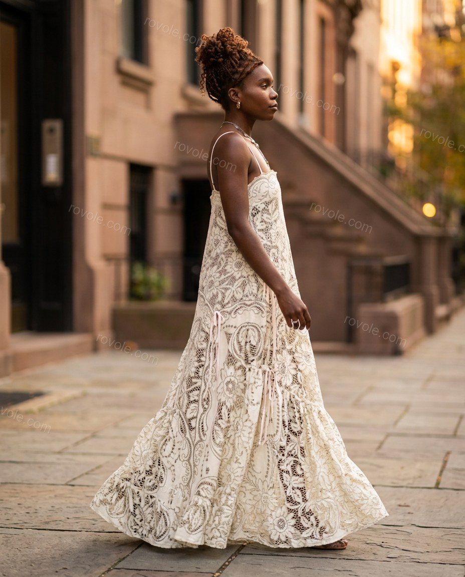Off-white Floral Maxi Tiered Dress, movement and fit lifestyle view, by rovole.com