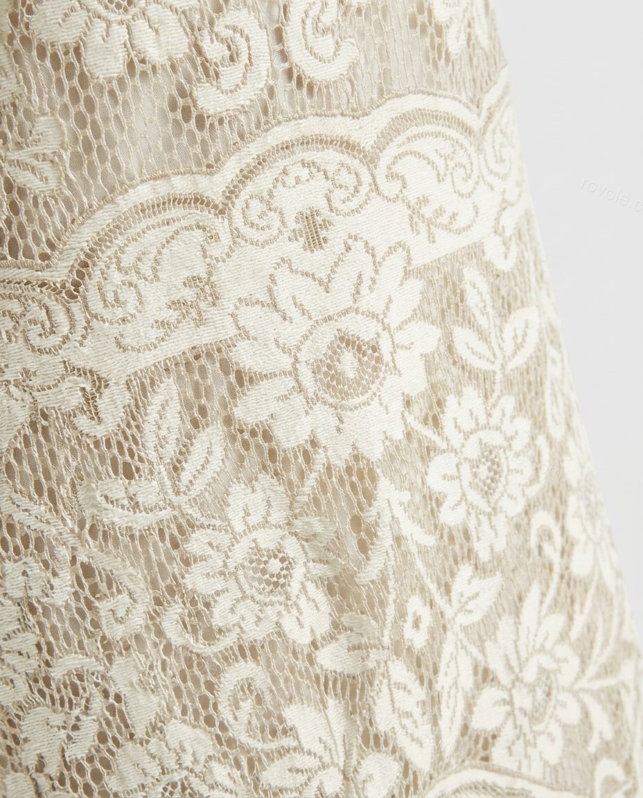 Off-white Floral Maxi Tiered Dress, close-up of floral and scalloped hem, by rovole.com