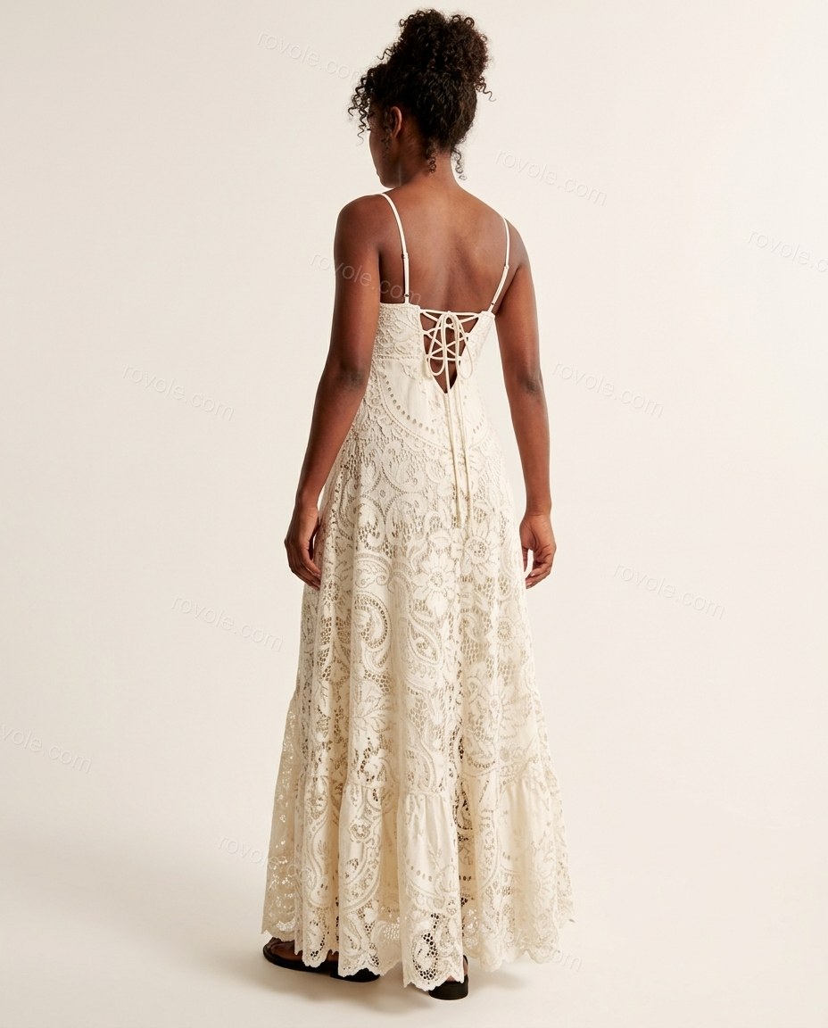 Off-white Floral Maxi Tiered Dress, back studio view showing lace-up back with adjustable ties, by rovole.com