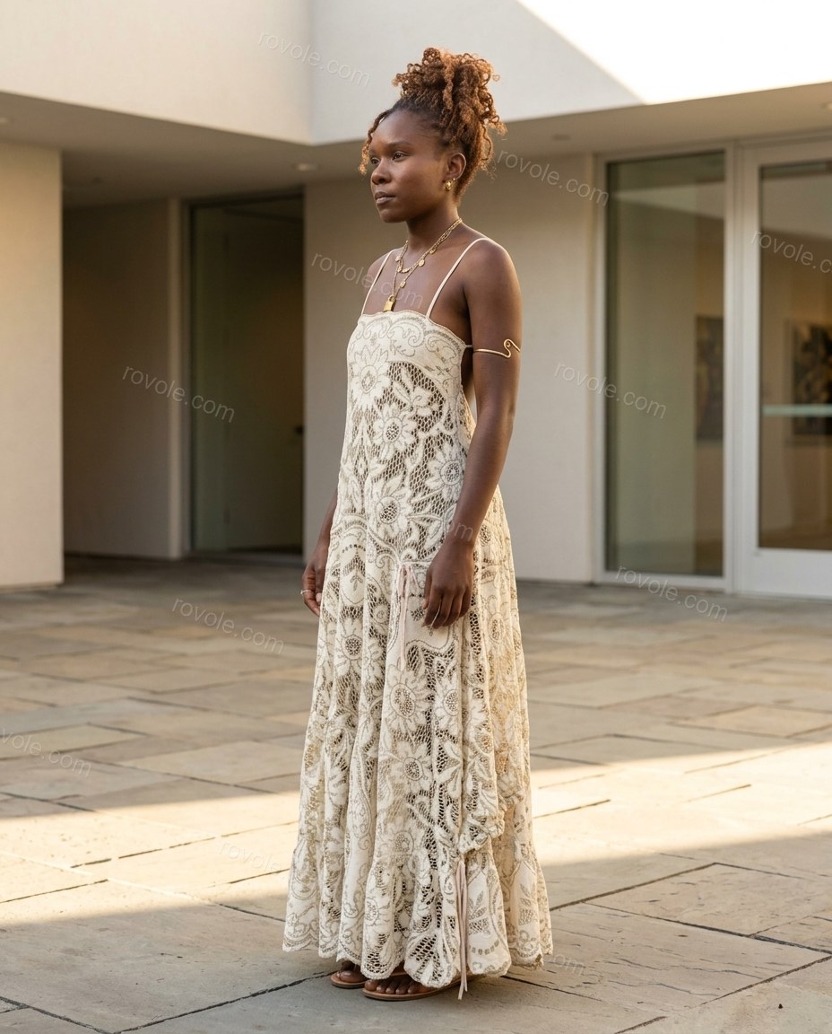 Off-white Floral Maxi Tiered Dress, walking lifestyle view, by rovole.com