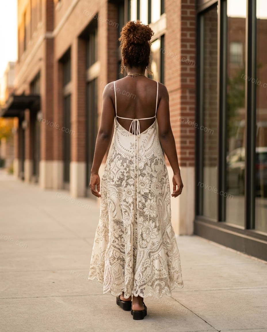 Off-white Floral Maxi Tiered Dress, alternate use-case lifestyle view, by rovole.com