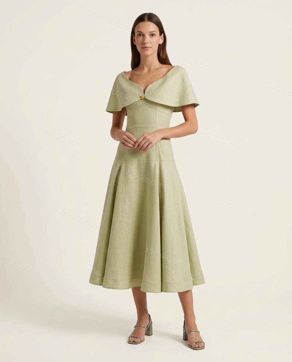 Sage Green Midi Cape Off-Shoulder Dress, front studio view, by rovole.com