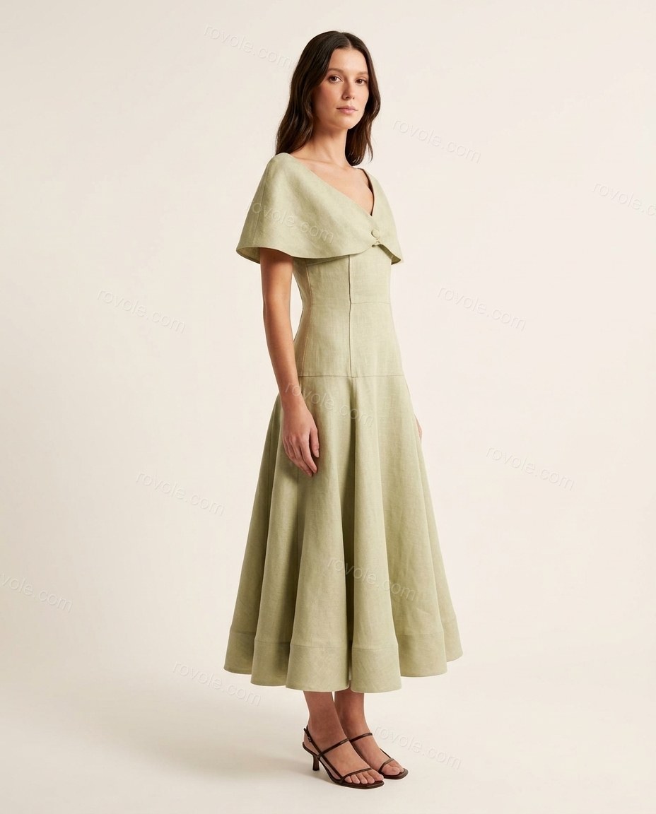 Sage Green Midi Cape Off-Shoulder Dress, side and back studio view, by rovole.com