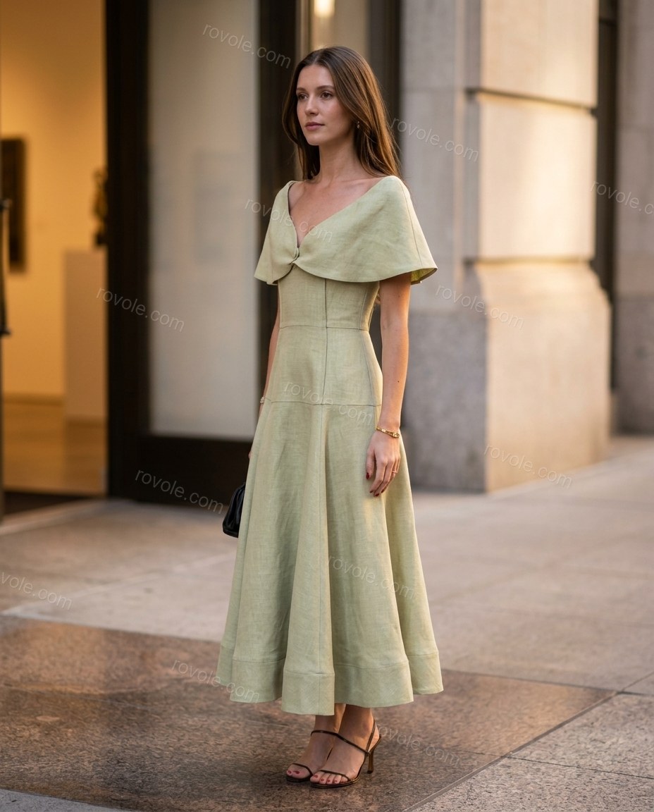 Sage Green Midi Cape Off-Shoulder Dress, alternate use-case lifestyle view, by rovole.com