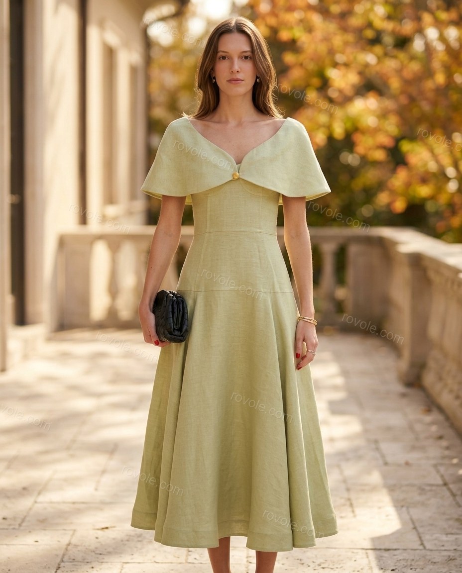 Sage Green Midi Cape Off-Shoulder Dress, full-length hero view, by rovole.com