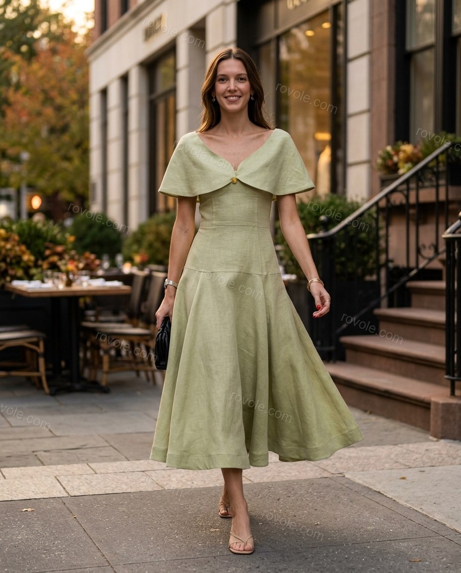Sage Green Midi Cape Off-Shoulder Dress, movement and fit lifestyle view, by rovole.com