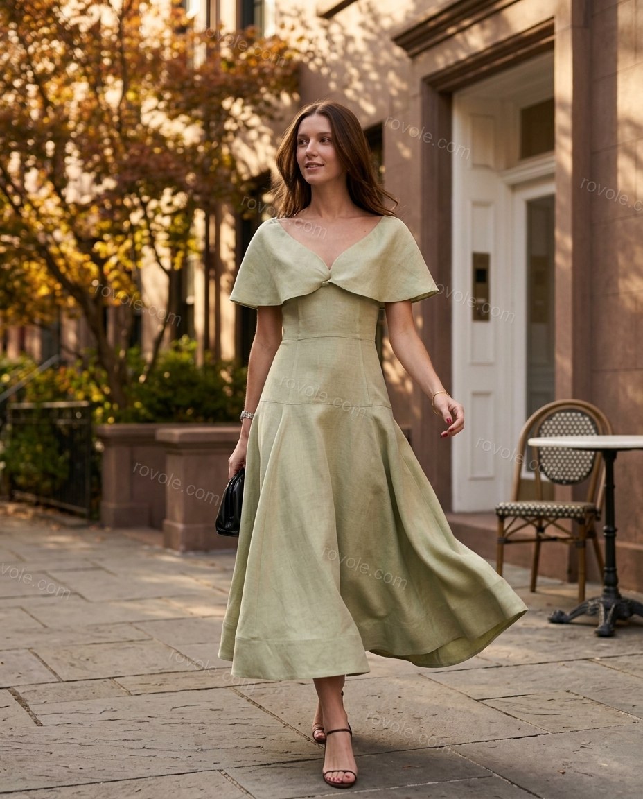 Sage Green Midi Cape Off-Shoulder Dress, walking lifestyle view, by rovole.com