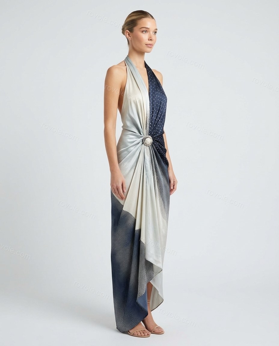 Light Blue-grey Abstract Maxi Halter Dress, side and back studio view, by rovole.com