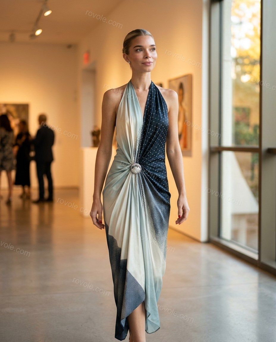 Light Blue-grey Abstract Maxi Halter Dress, movement and fit lifestyle view, by rovole.com