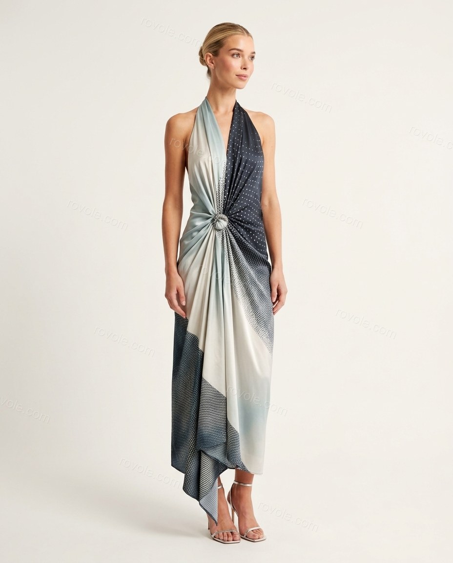 Light Blue-grey Abstract Maxi Halter Dress, front studio view, by rovole.com