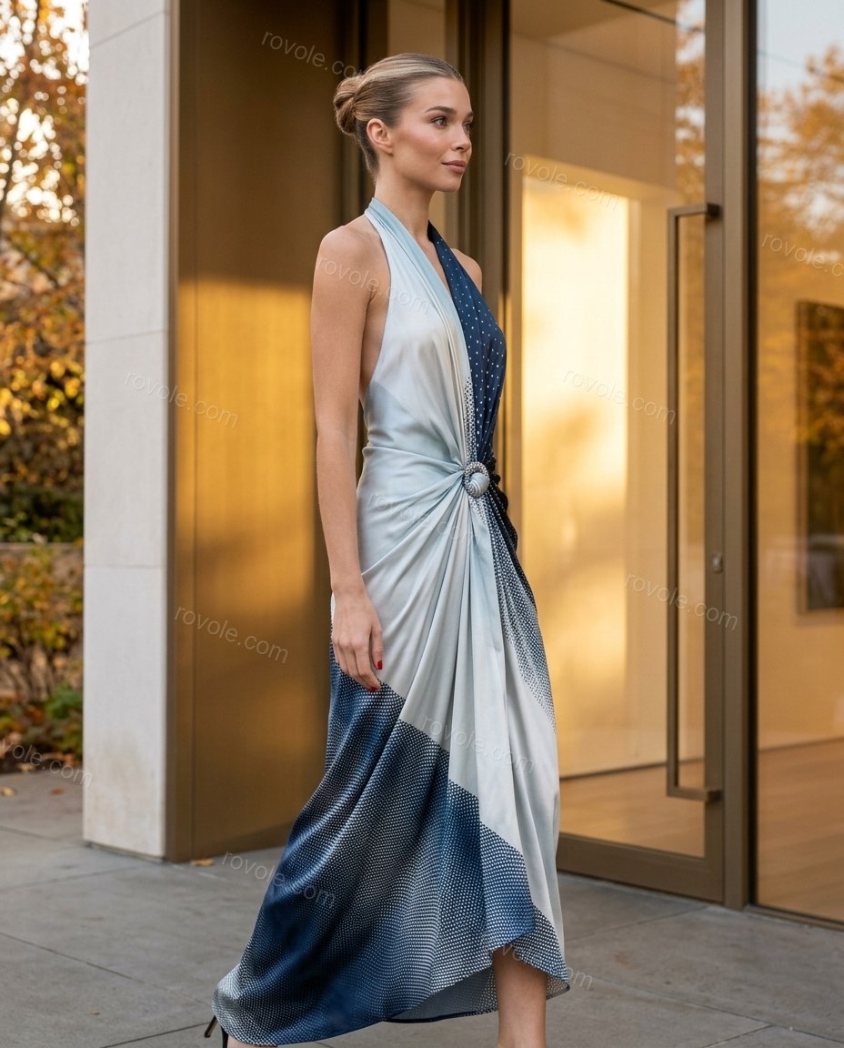 Light Blue-grey Abstract Maxi Halter Dress, walking lifestyle view, by rovole.com