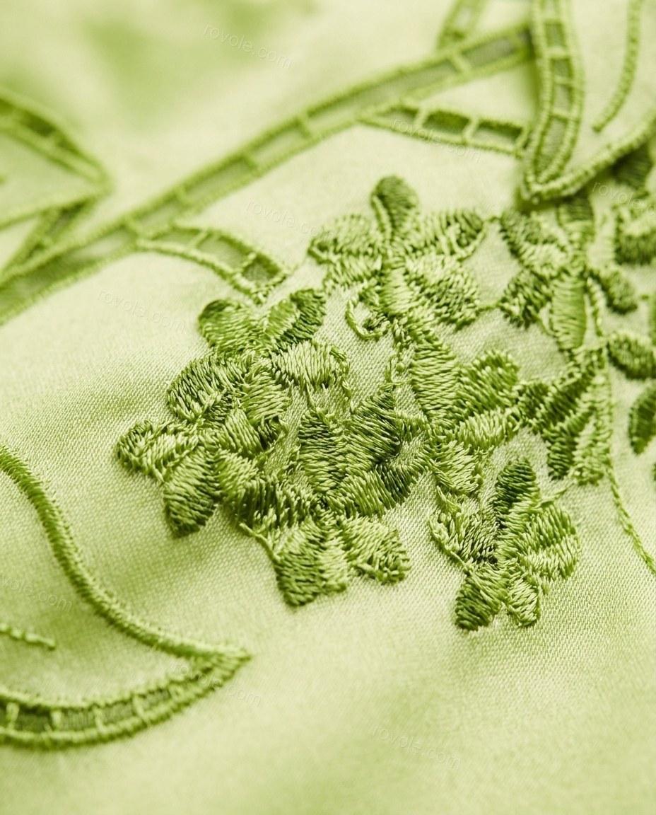 Lime Green Floral Mini Embroidered Dress, close-up of floral embroidery, by rovole.com