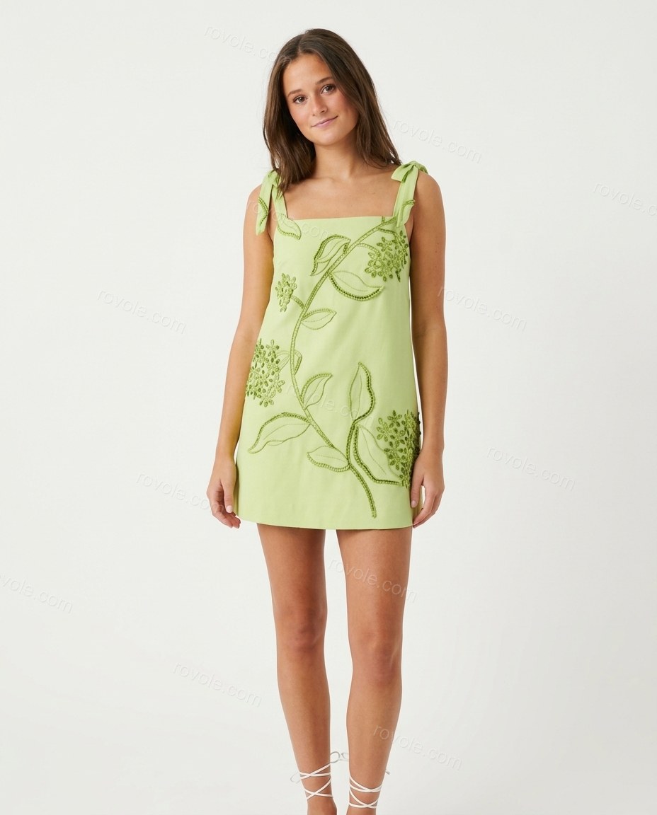 Lime Green Floral Mini Embroidered Dress, front studio view, by rovole.com