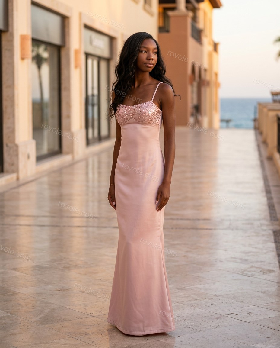 Light Pink Maxi Satin Dress, alternate use-case lifestyle view, by rovole.com