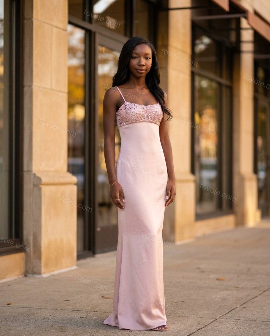 Light Pink Maxi Satin Dress, three-quarter brand lifestyle view, by rovole.com