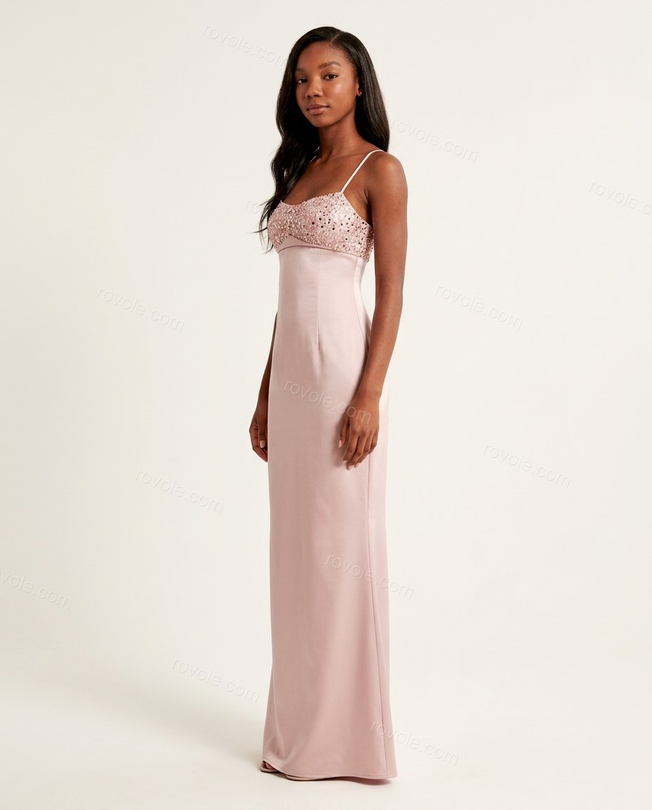Light Pink Maxi Satin Dress, side and back studio view, by rovole.com