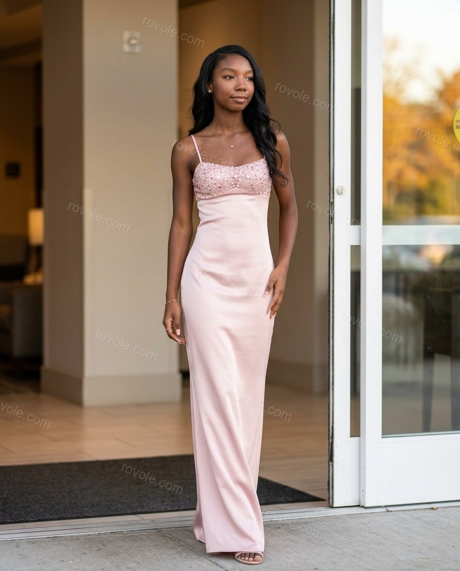 Light Pink Maxi Satin Dress, walking lifestyle view, by rovole.com