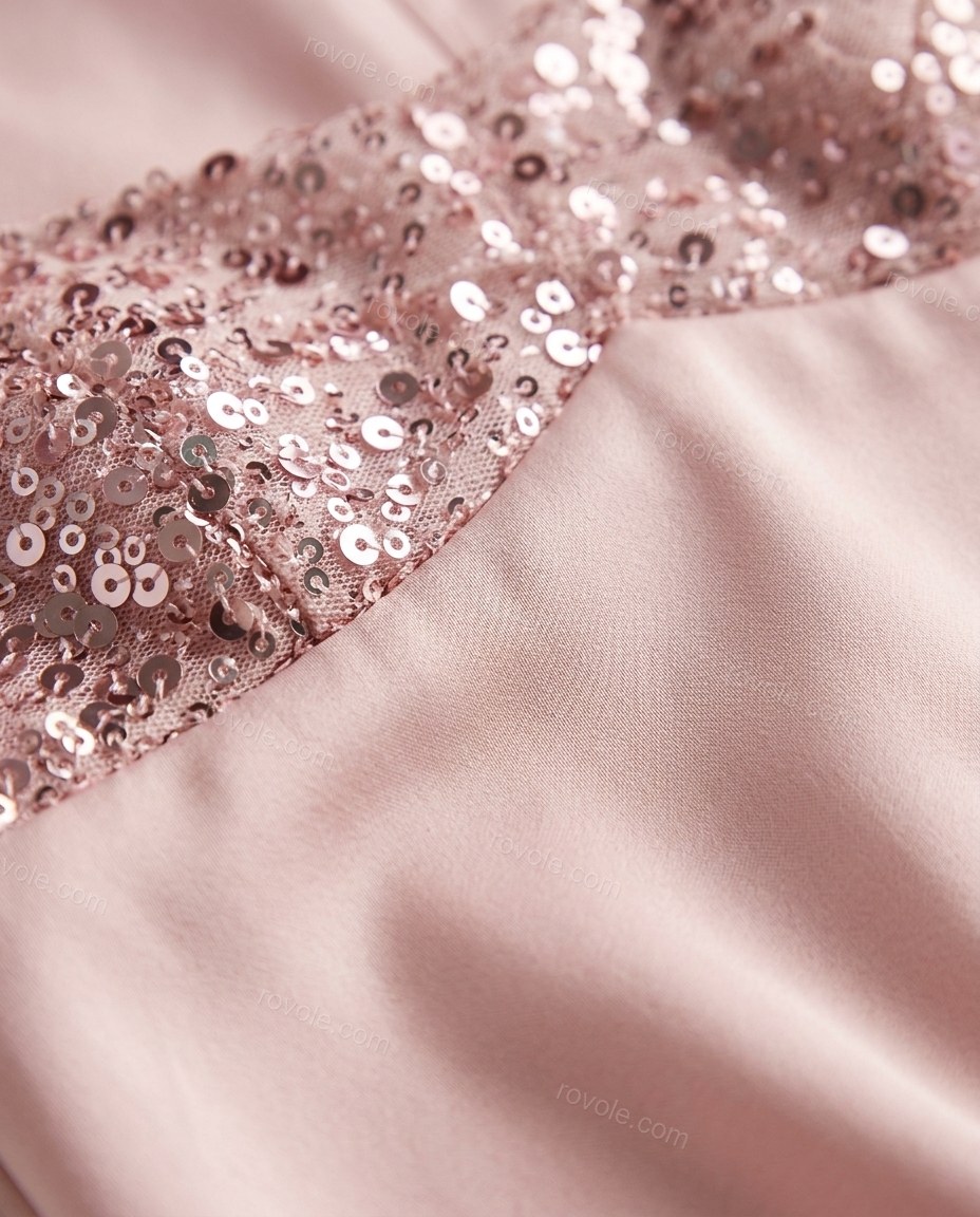 Light Pink Maxi Satin Dress, close-up of sequined bodice, spaghetti straps and sequined bust, by rovole.com