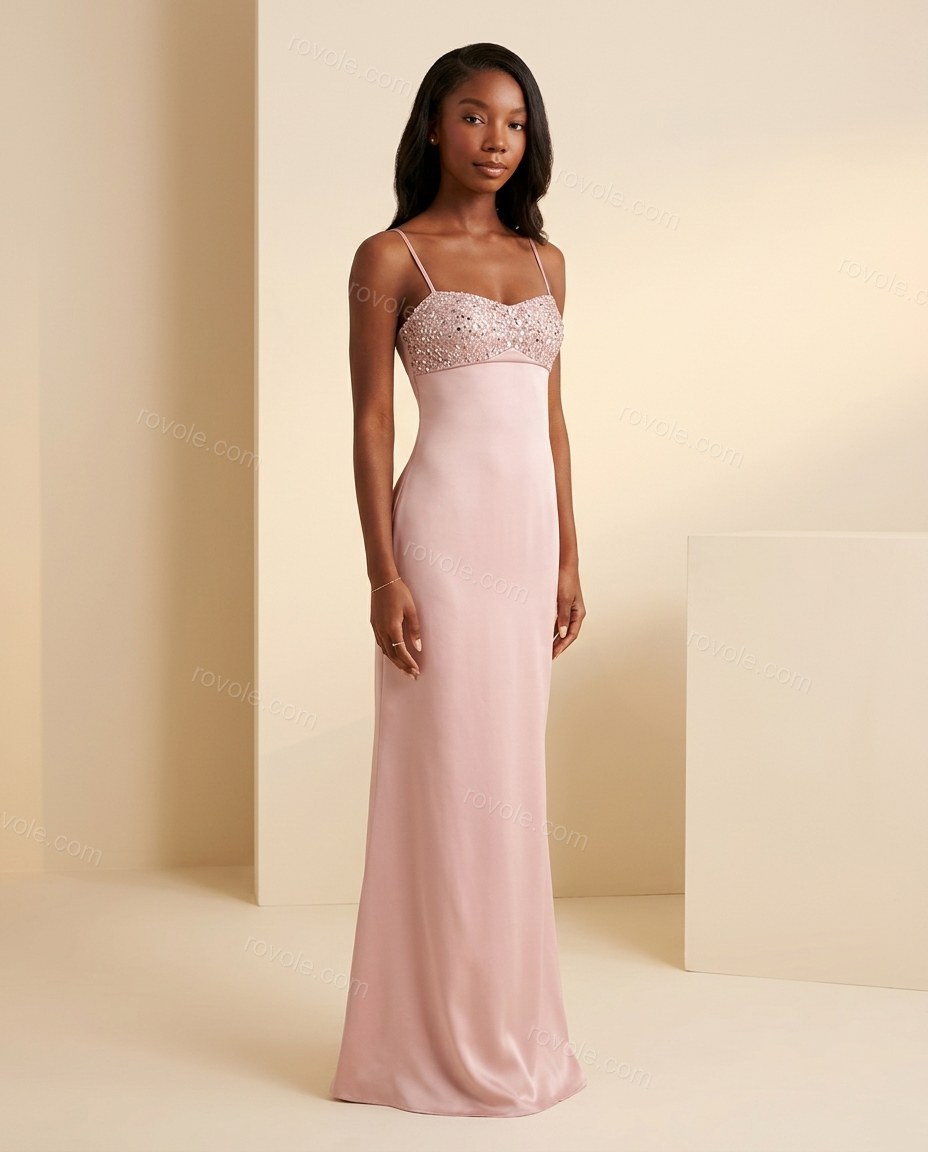 Light Pink Maxi Satin Dress, full-length hero view, by rovole.com