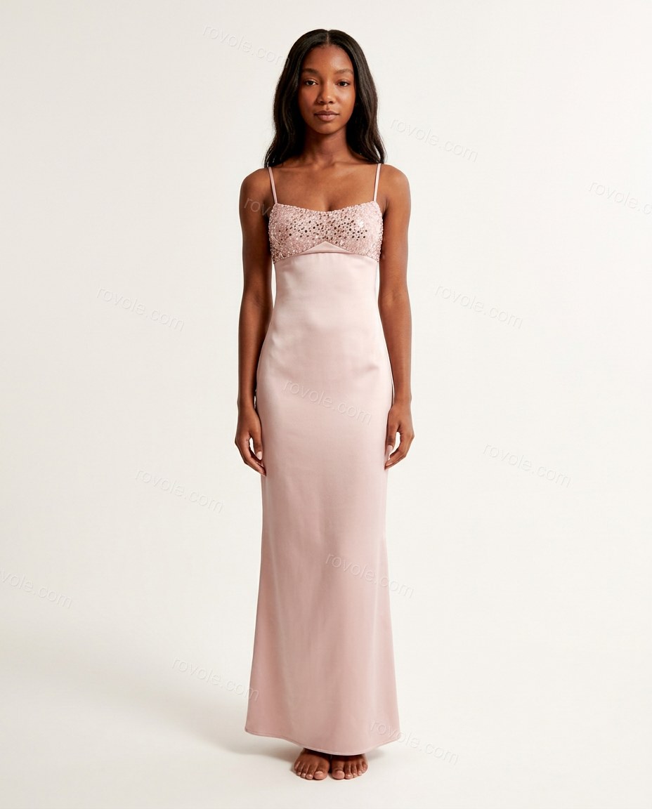 Light Pink Maxi Satin Dress, front studio view, by rovole.com