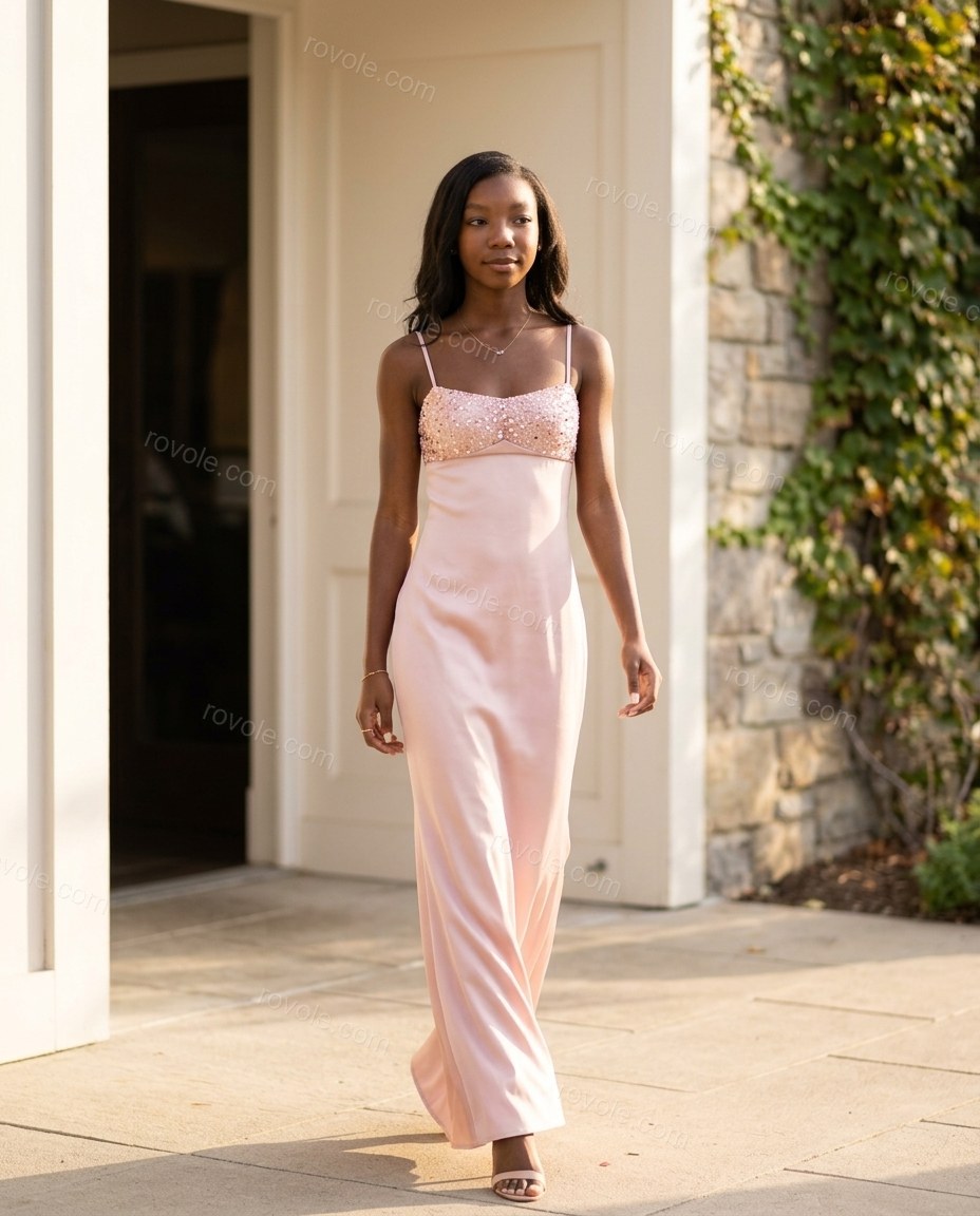 Light Pink Maxi Satin Dress, movement and fit lifestyle view, by rovole.com