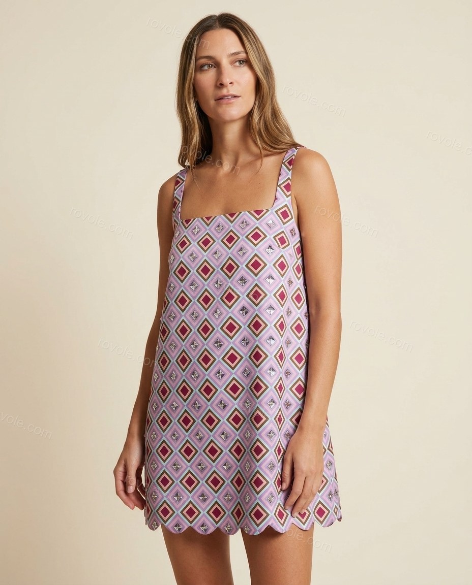 Lavender Geometric Mini Dress, side and back studio view, by rovole.com