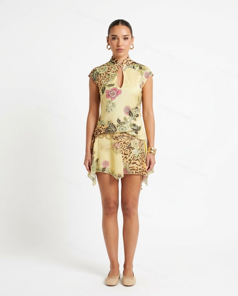 Yellow Animal Print Mini Asymmetric Dress, front studio view, by rovole.com