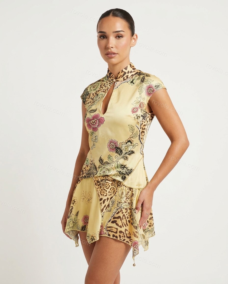 Yellow Animal Print Mini Asymmetric Dress, side and back studio view, by rovole.com