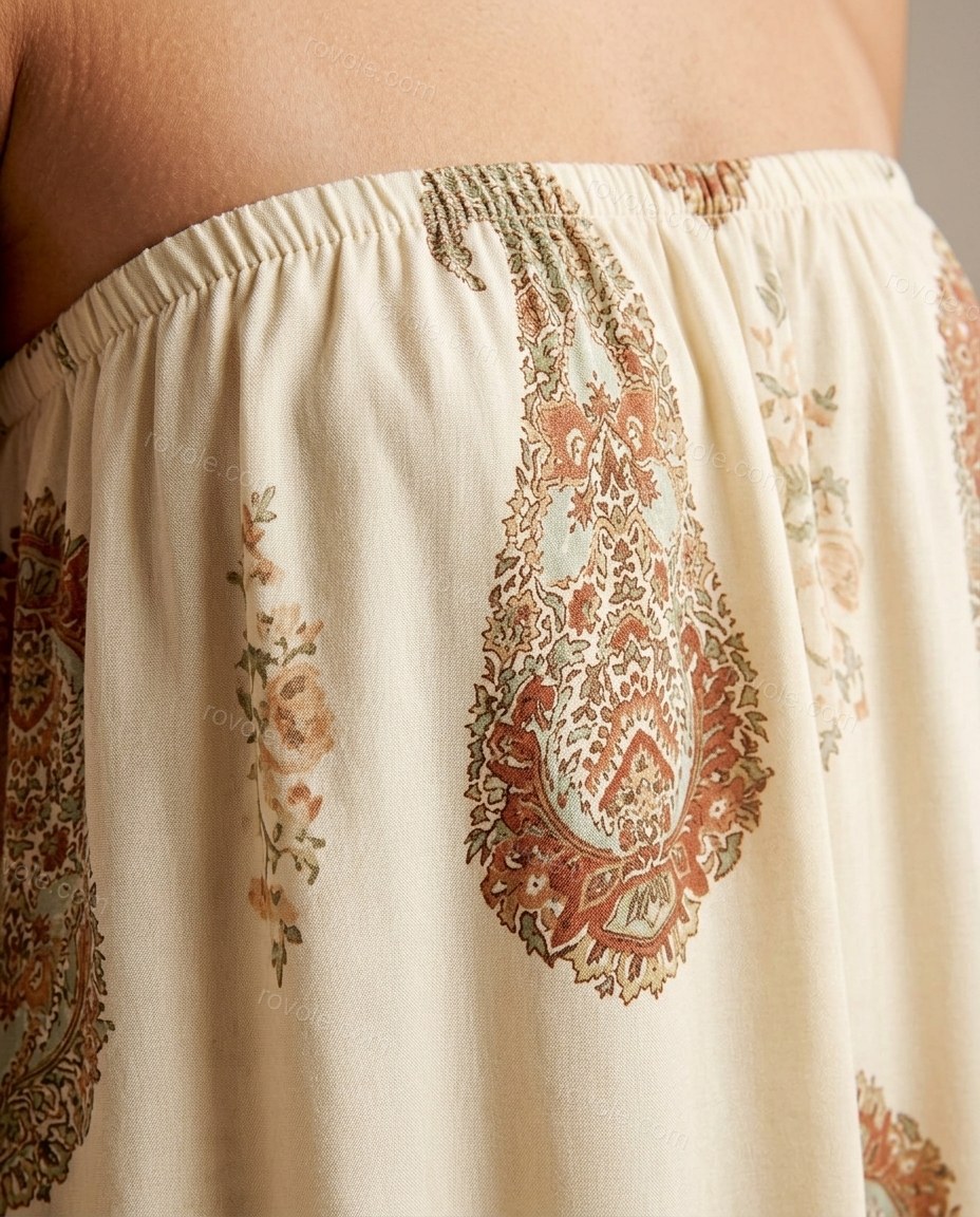 Cream Paisley Maxi Strapless Dress, close-up of paisley, by rovole.com