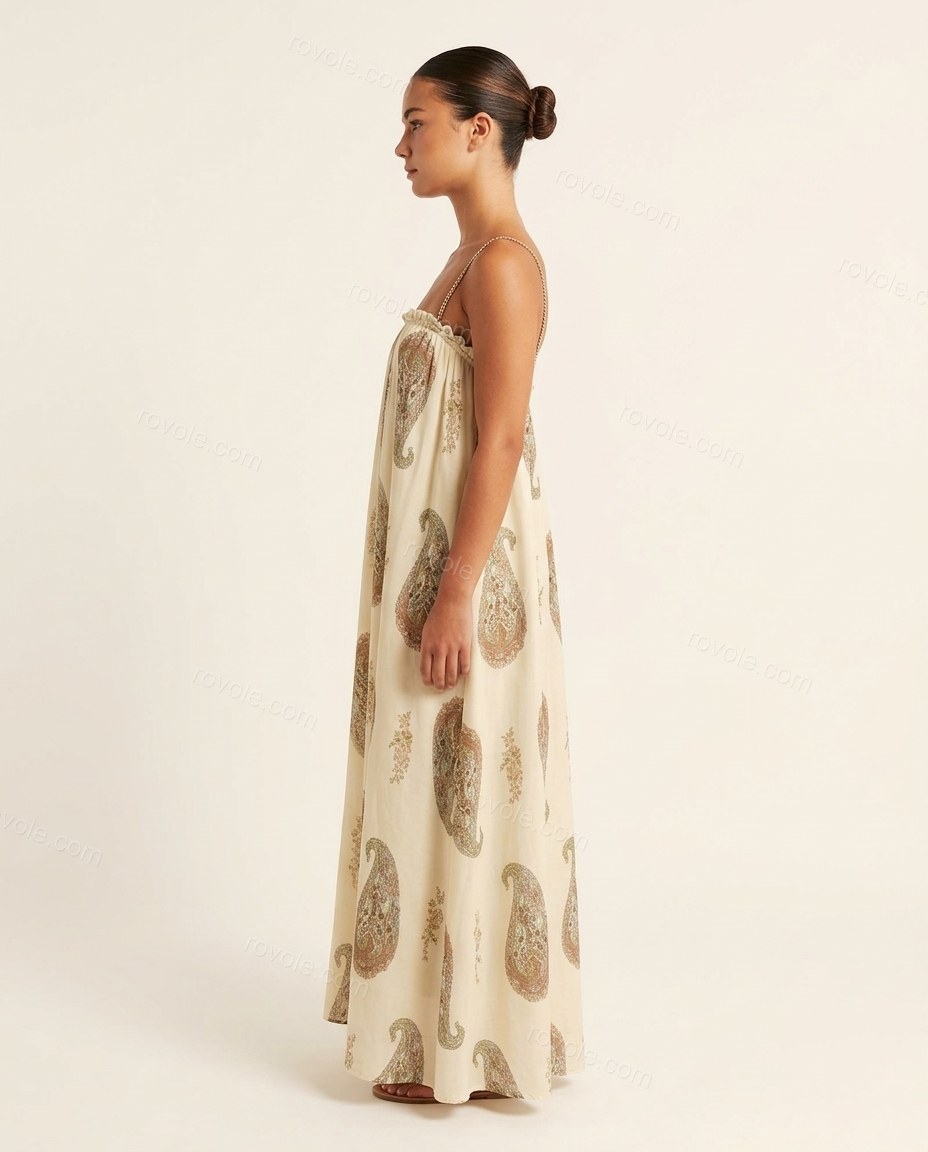 Cream Paisley Maxi Strapless Dress, side and back studio view showing no visible back detail, by rovole.com